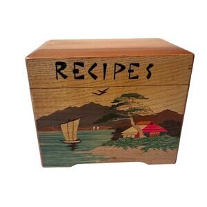 Vintage Nevco Japan Wooden Recipe Box Marquetry Landscape Kitchen Card Box